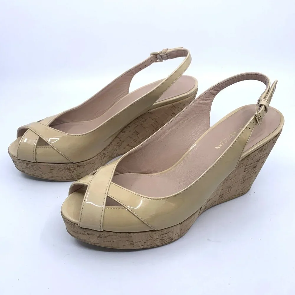 Stuart Weitzman Beige Patent Leather Cork Wedge Slingbacks